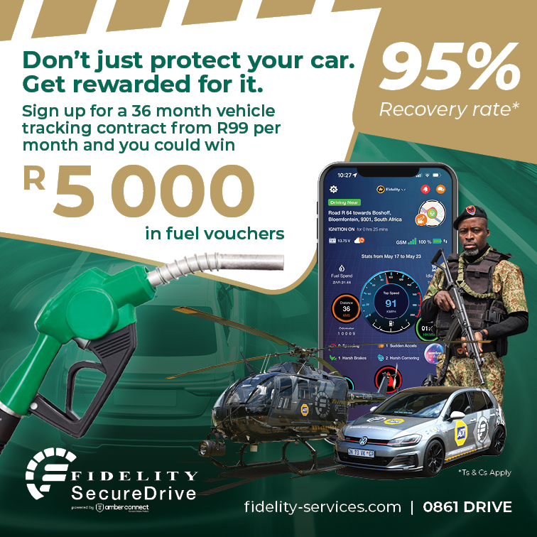 Fidelity SecureDrive advertisement showing bold offer of R5 000 fuel vouchers and 95% recovery rate, with a gas pump, green car, helicopter, a large smartphone dashboard display, a soldier figure, and Fidelity branding.