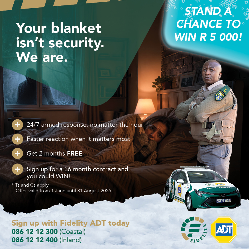 ADT security promo: person in bed under a blanket, a guard standing beside, a patrol car, and bold offer text about 24/7 response and a win chance.