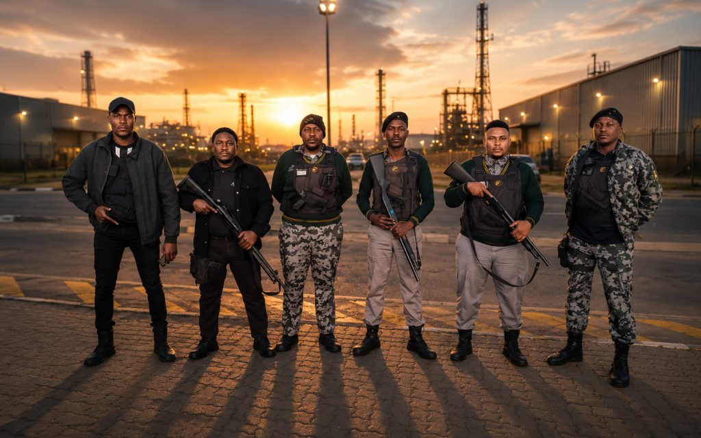 Six armed security guards standing in a line at an industrial site during sunset.