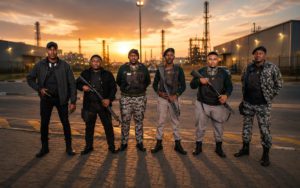 Six armed security guards standing in a line at an industrial site during sunset.