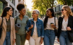 Five diverse women walking on a sunny city street, smiling and chatting, with bags and a yoga mat visible.