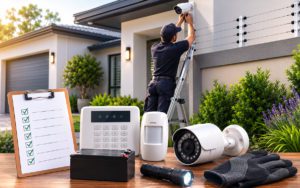 Installer on a ladder mounting an outdoor security camera on a modern house, with security gear laid out on a table nearby.