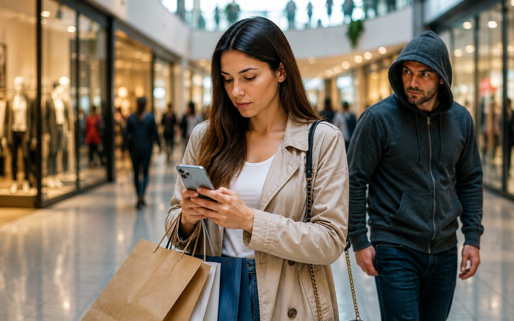 Woman in a beige coat checks her phone in a mall, carrying shopping bags while a man in a hoodie stands nearby.