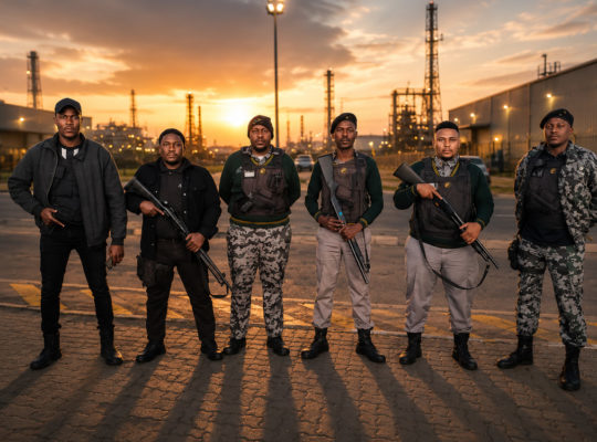 Six armed security guards standing in a line at an industrial site during sunset.