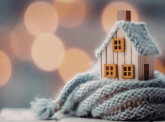Tiny wooden house cradled in a chunky blue scarf, with warm bokeh lights in the blurred background, creating a cozy holiday feel.