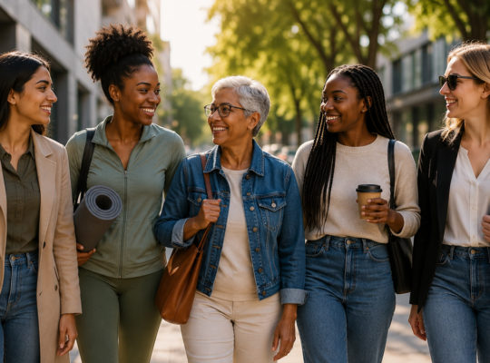 Five diverse women walking on a sunny city street, smiling and chatting, with bags and a yoga mat visible.