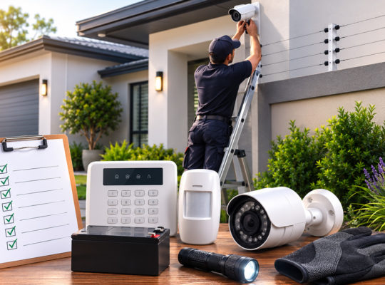 Installer on a ladder mounting an outdoor security camera on a modern house, with security gear laid out on a table nearby.