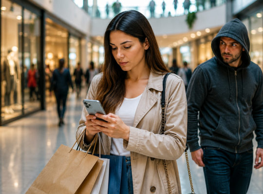 Woman in a beige coat checks her phone in a mall, carrying shopping bags while a man in a hoodie stands nearby.